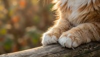 Fluffy orange tabby cat paws resting on wooden surface with warm sunlight and autumn bokeh background for pet care and animal wellness concepts.