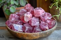 Raw pink rose quartz crystal chunks in rustic wooden bowl against natural background, healing stones and minerals display for spiritual wellness and meditation.