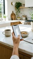 Hand holding smartphone with blank screen in modern kitchen during morning breakfast routine with coffee and cereal bowl on marble countertop.