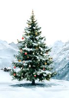 Decorated Christmas tree with colorful ornaments standing in snow against mountain backdrop. Winter holiday celebration in alpine landscape.
