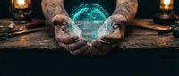 Tattooed male hands holding glowing turquoise crystal ball on dark wooden surface with candlelight, mystical fortune telling and divination concept for spiritual services and occult themes.