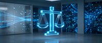 Digital justice scales hologram in futuristic courtroom with glowing blue technology interface and data visualization for legal tech concepts.