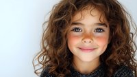 Young girl with curly brown hair and bright blue eyes smiling warmly at camera, wearing dark top against white background. Natural rosy cheeks and genuine expression.