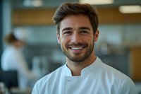 Smiling male chef in white uniform standing in professional kitchen. Young Caucasian culinary professional with beard ready for restaurant service work.