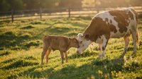 Mother cow and calf bonding in sunny pasture with wooden fence, ideal for agricultural and farm-related content.