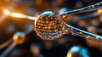 Glowing neural network synapse with light trails and connections on dark background, representing artificial intelligence and brain activity in science visualization.