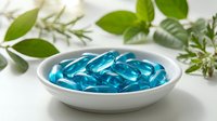 Blue gel capsules in white ceramic dish surrounded by fresh green herbs on clean surface for health and wellness supplement photography.