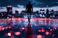 Silhouette of man standing on reflective surface with glowing red and blue bokeh lights against urban night skyline, creating magical atmospheric scene.