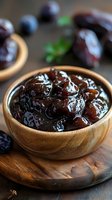 Fresh homemade plum jam in wooden bowl on rustic board, dark purple fruit preserves with glossy surface and whole plums in background.
