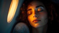 Young woman with curly hair illuminated by warm ambient light, eyes closed in peaceful expression against dark background, dramatic portrait with orange glow.