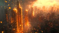 Futuristic cityscape at sunset with glowing orange particles floating in air against silhouettes of skyscrapers in warm atmospheric lighting creating magical ambiance.
