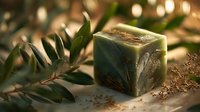 Natural handmade soap bar with botanical leaf imprint and herbs on wooden surface with warm lighting for spa and wellness skincare routine.