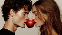 Young couple sharing red apple, faces close together in romantic pose against neutral background. Sensual artistic portrait with temptation concept.
