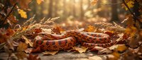 Venomous snake with distinctive red and yellow banding resting among fallen autumn leaves and branches in forest setting with warm sunlight filtering through trees.