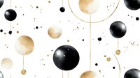 Abstract geometric pattern with black and gold spheres floating in white space, connected by delicate golden lines creating modern minimalist composition for luxury design.