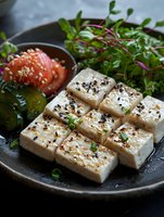 Grilled tofu cubes with black sesame seeds served on dark plate with pickled cucumber, fresh microgreens and ginger. Asian fusion appetizer presentation.