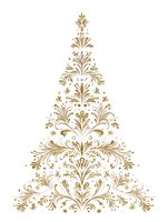 Elegant gold ornamental Christmas tree with decorative floral patterns on white background, isolated for holiday designs.