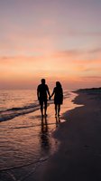 Romantic couple silhouettes holding hands walking on beach at sunset with colorful sky and ocean waves for love and relationship concepts.