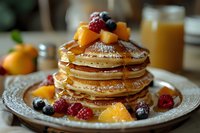 Stack of fluffy pancakes topped with fresh berries, orange segments, maple syrup and powdered sugar on vintage plate, morning breakfast setting with juice.