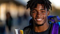 Young African American male college student with dreadlocks smiling confidently while carrying backpack and textbooks on campus, natural outdoor lighting creates warm atmosphere.
