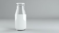 Glass milk bottle with blank white label on light gray background, isolated product mockup for dairy and beverage packaging design.