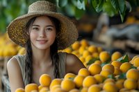 Young Asian woman in straw hat smiling at farmers market with fresh oranges and citrus fruits display, natural lighting and soft bokeh background.