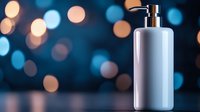 White cosmetic pump bottle on dark surface with warm bokeh lights background for skincare and beauty product advertising.