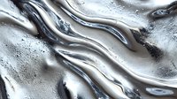 Metallic liquid silver waves with rippled surface texture and flowing curves create dynamic abstract background pattern with light reflections and shadows.