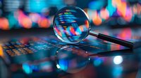 Magnifying glass on tablet screen with colorful data analytics charts and graphs. Business intelligence and financial market research concept.