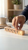 Businessman hand selecting wooden cube with light bulb icon among question marks representing creative solution and innovation in office setting.