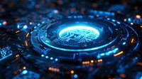 Futuristic glowing cryptocurrency coin with circuit board elements on dark background with blue light effects and bokeh.