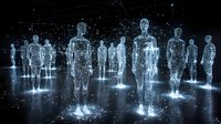 Glowing blue holographic figures standing in formation on dark reflective surface with particle effects, representing digital transformation and future technology.