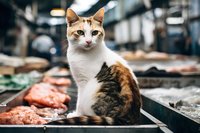 Calico cat sitting alertly in fish market stall, white and brown fur pattern, surrounded by fresh seafood display. Candid urban market atmosphere with blurred background.