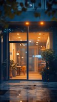 Modern glass entrance to cozy restaurant with warm lighting, potted plants and contemporary furniture visible through large windows at dusk.