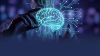 Hand reaching toward glowing digital brain with circuit patterns on dark blue technology background for AI and machine learning concepts.