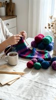 Woman knitting colorful striped blanket with yarn balls and wooden needles in cozy home workspace with coffee cup and dried flowers on marble table.