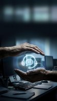 Male hands holding glowing headset with chat bubble icon above desk with laptop and office supplies, representing customer support, call center, and communication technology services.