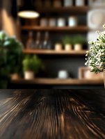 Empty wooden table surface with blurred modern kitchen background featuring shelves, plants and warm lighting for product display and food photography.