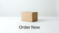 Cardboard box with Order Now text on white background, symbolizing online shopping, delivery, and e-commerce packaging concepts.