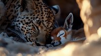 Tender moment between leopard and red fox sleeping together, showing unusual animal friendship in soft golden light. Natural wildlife interaction captured in intimate detail.