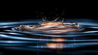 Dramatic water drop collision creating golden ripples and splash crown against dark background with blue reflections and symmetrical wave pattern.