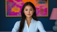 Young Asian businesswoman in white shirt smiling confidently at camera against dark blue wall with vibrant pink abstract art, professional corporate portrait.