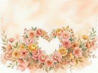 Watercolor floral heart wreath in soft peach and pink tones with roses and ranunculus on a warm beige background.