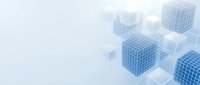 Transparent blue grid cubes floating in white space, representing data, technology, and digital transformation for business and corporate design projects.