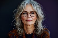 Confident mature woman with silver hair and glasses smiling at camera, wearing brown sweater against dark background. Natural aging beauty portrait shows wisdom and grace.