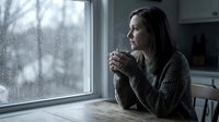 Young woman in cozy sweater drinking hot beverage by rainy window, enjoying peaceful morning moment at home with warm cup in hands.