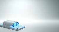 Smartphone with holographic blue data stream projection on white surface, representing digital technology and information transfer for tech concepts.
