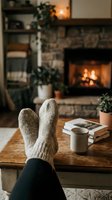 Cozy winter evening at home with feet in warm knitted socks resting on wooden table near fireplace, hot drink and book nearby.
