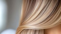 Smooth blonde hair strands in close-up view showing silky texture and natural highlights against soft blurred background. Professional hairstyling and beauty concept.