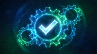 Neon glowing gears with checkmark symbol on dark digital background, representing quality assurance, process optimization, and technology solutions for business applications.